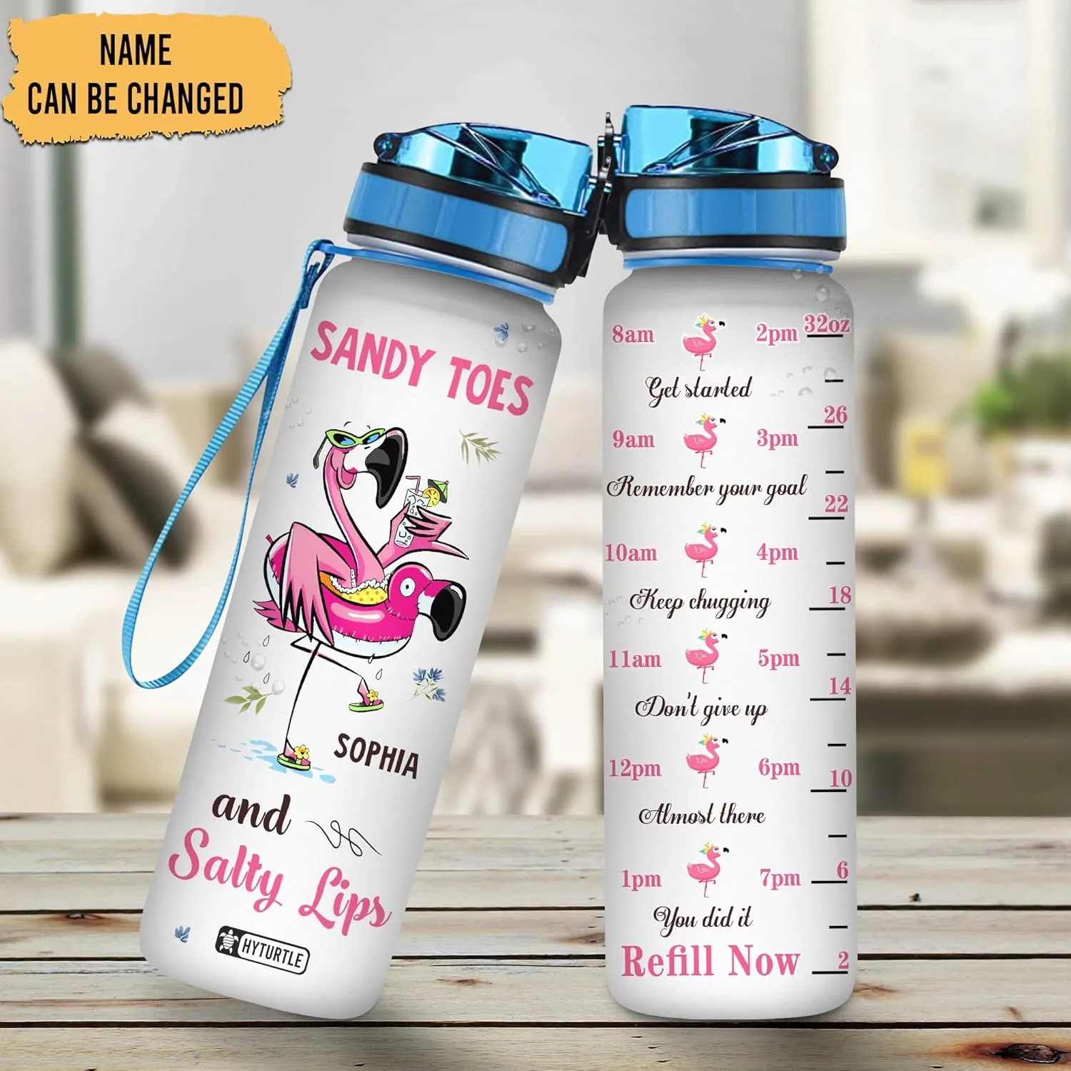 Hyturtle Personalized Sandy Toes And Salty Lips Flamingo 32oz Liter Motivational Water Bottle, Customized Name Tracking Water Bottle Gift For Women, Friend, Flamingo Lover On Birthday, Anniversary