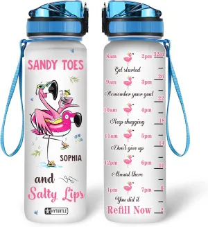 Hyturtle Personalized Sandy Toes And Salty Lips Flamingo 32oz Liter Motivational Water Bottle, Customized Name Tracking Water Bottle Gift For Women, Friend, Flamingo Lover On Birthday, Anniversary