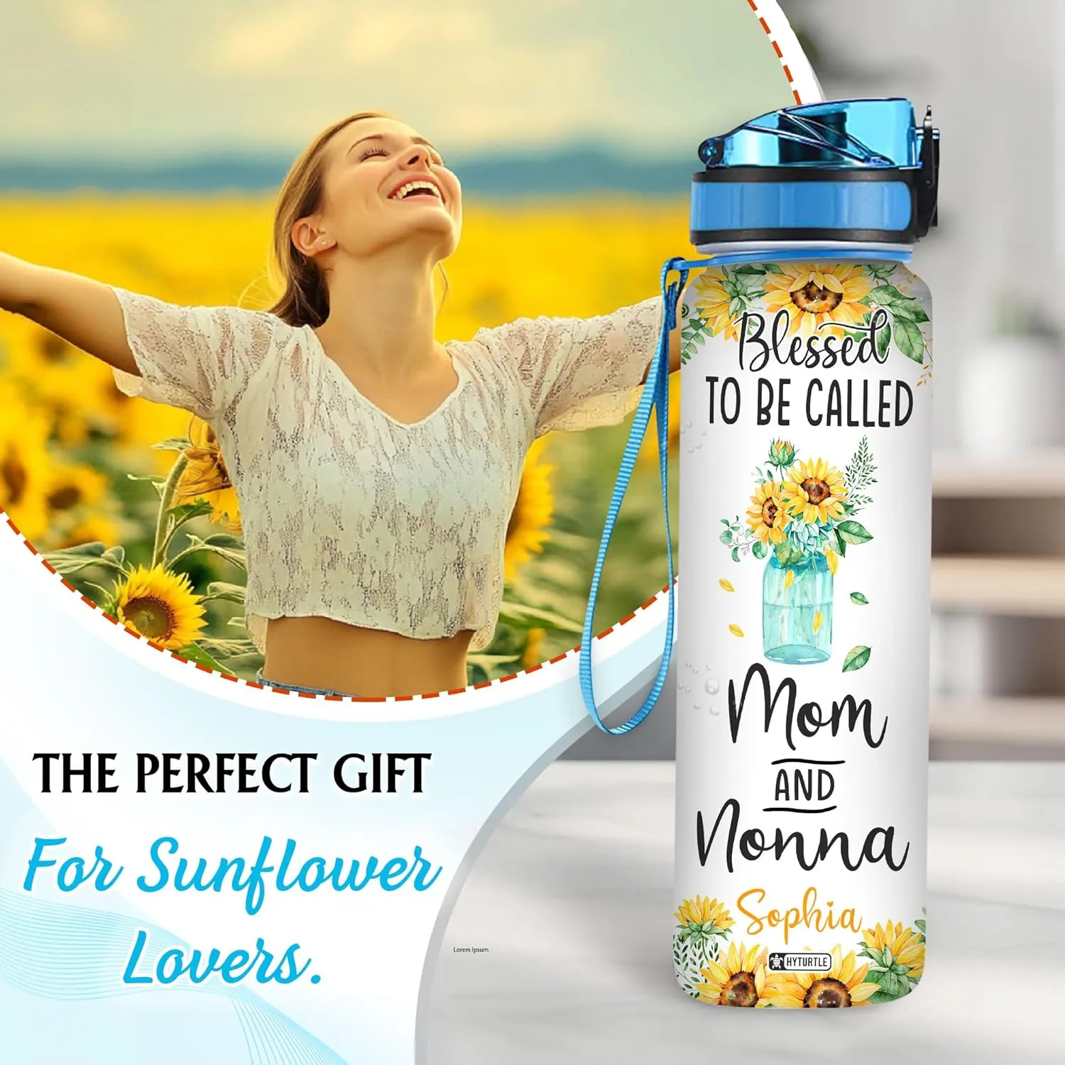Hyturtle Personalized Sunflower Water Bottle - 32oz Motivational Water Bottle with Leak-Proof Lid & Time Marker - Custom Name Sunshine Gift for Women Girls, Sunflower Lovers On Birthday Christmas