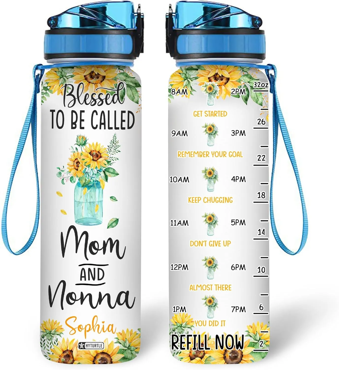 Hyturtle Personalized Sunflower Water Bottle - 32oz Motivational Water Bottle with Leak-Proof Lid & Time Marker - Custom Name Sunshine Gift for Women Girls, Sunflower Lovers On Birthday Christmas