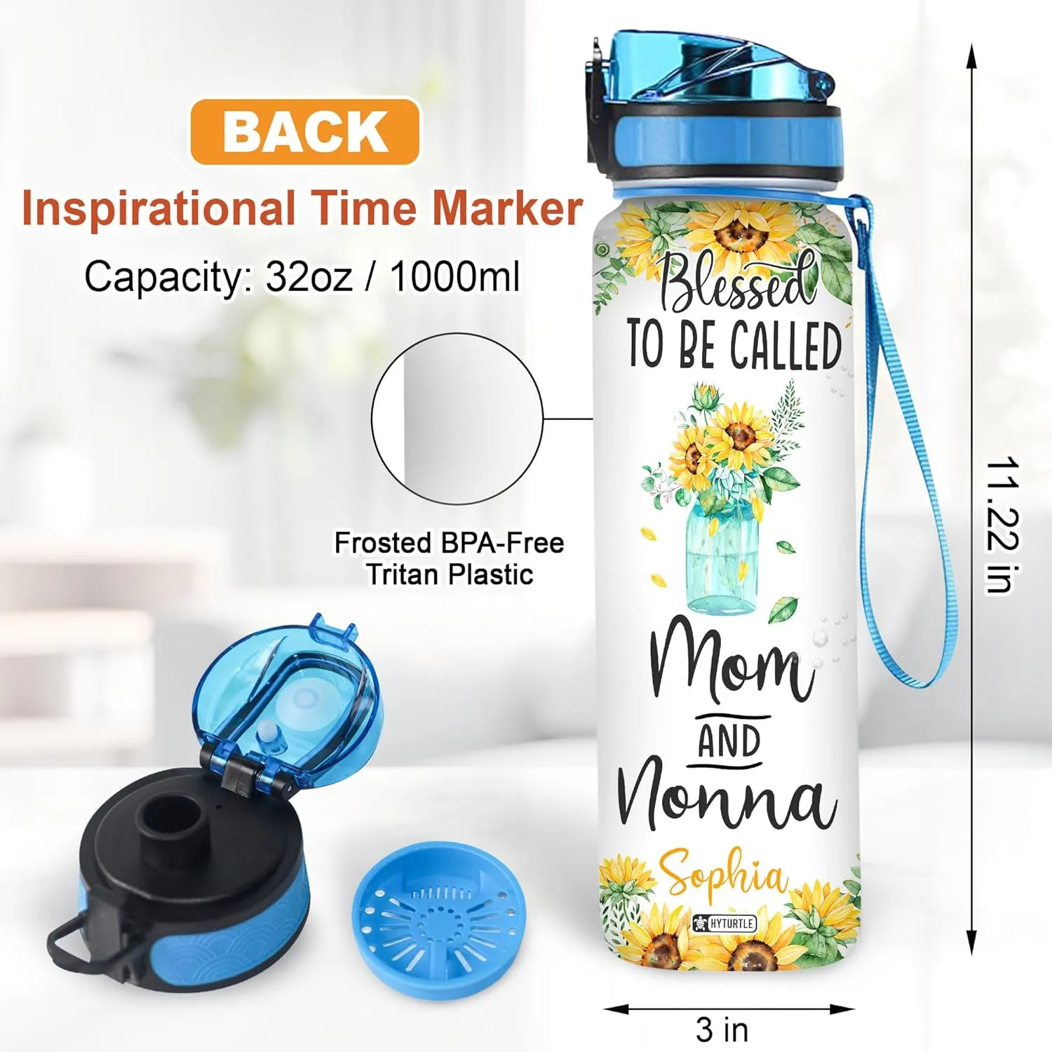Hyturtle Personalized Sunflower Water Bottle - 32oz Motivational Water Bottle with Leak-Proof Lid & Time Marker - Custom Name Sunshine Gift for Women Girls, Sunflower Lovers On Birthday Christmas