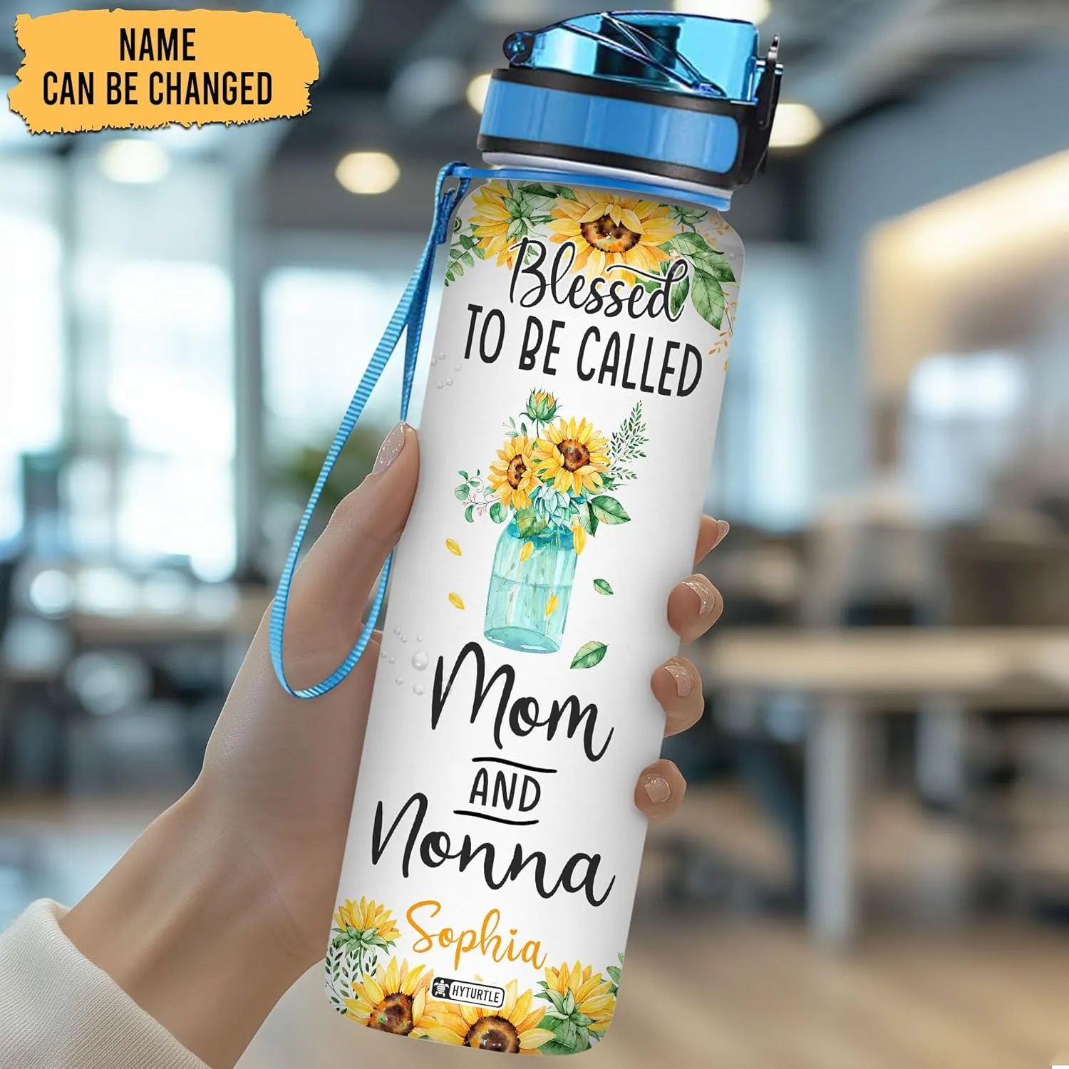 Hyturtle Personalized Sunflower Water Bottle - 32oz Motivational Water Bottle with Leak-Proof Lid & Time Marker - Custom Name Sunshine Gift for Women Girls, Sunflower Lovers On Birthday Christmas