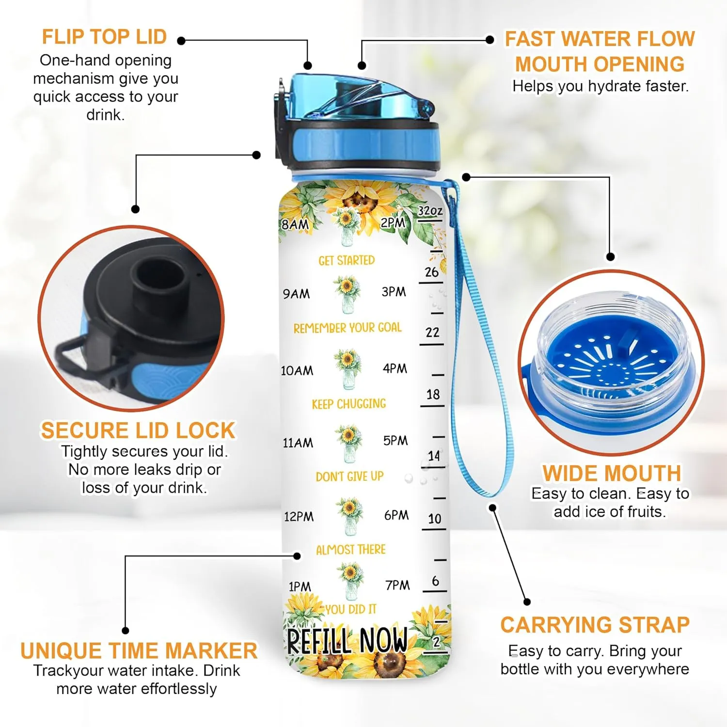 Hyturtle Personalized Sunflower Water Bottle - 32oz Motivational Water Bottle with Leak-Proof Lid & Time Marker - Custom Name Sunshine Gift for Women Girls, Sunflower Lovers On Birthday Christmas