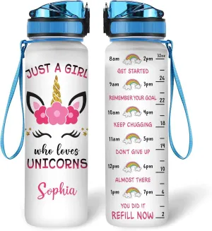 Hyturtle Personalized Unicorn Water Bottles For Girls - Just A Girl Who Loves Unicorns 32oz 1Liter Motivational Water Bottle, Customized Name Water Bottle For Cute Kid For School, Birthday