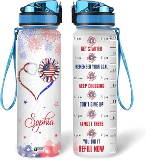 Hyturtle Personalized USA Flag Stethoscope Sunflower 32oz Liter Motivational Water Bottle, Customized Name With Time Marker, Gifts For Women Nurse Coworker On Nurse's Day Independence Day 4th Of July