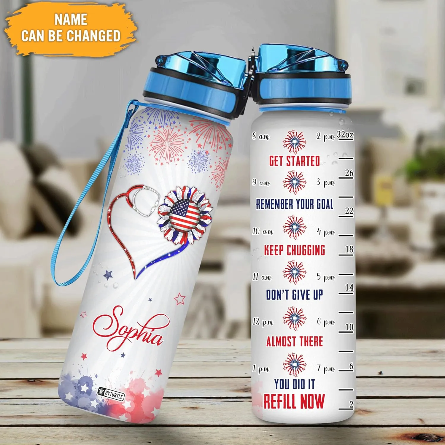 Hyturtle Personalized USA Flag Stethoscope Sunflower 32oz Liter Motivational Water Bottle, Customized Name With Time Marker, Gifts For Women Nurse Coworker On Nurse's Day Independence Day 4th Of July