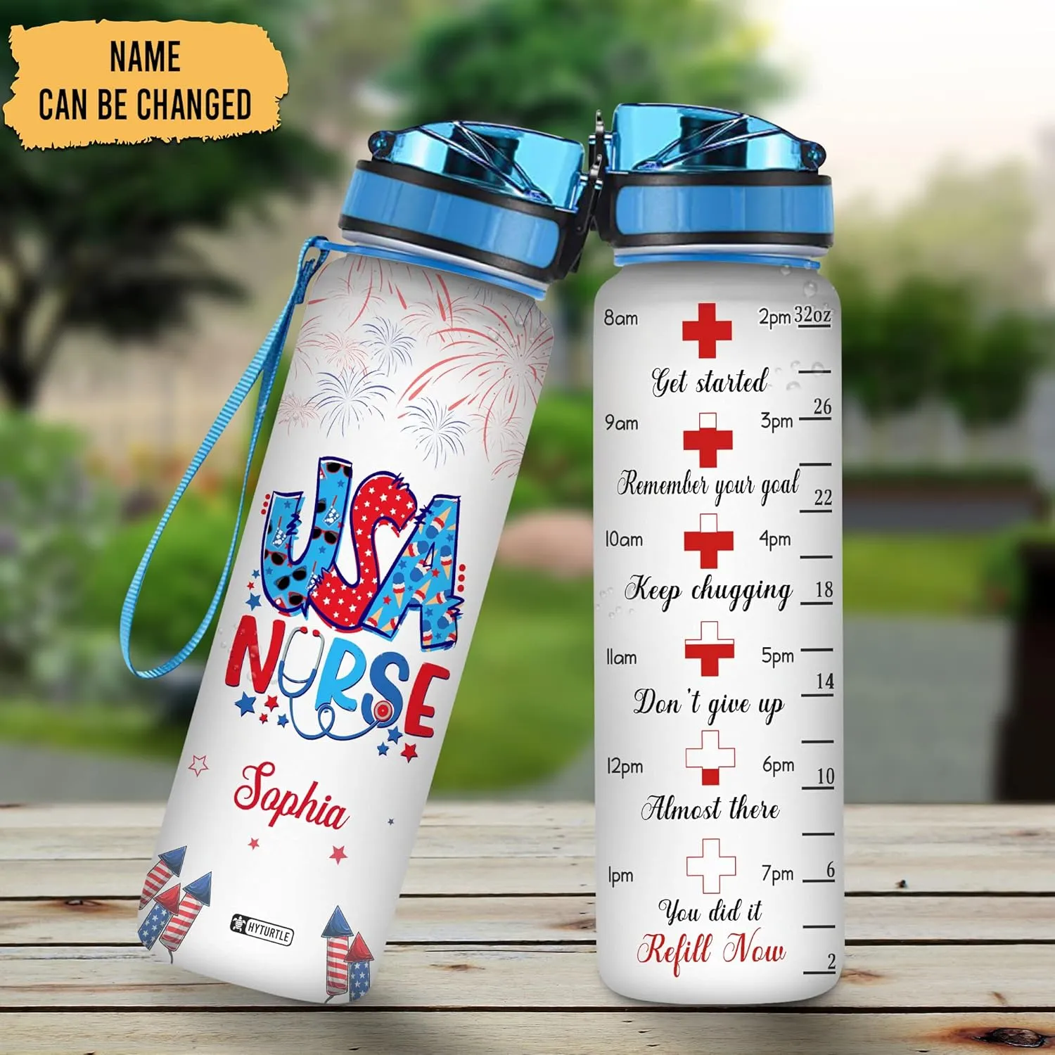 Hyturtle Personalized USA Nurse Firework Stethoscope 32oz Liter Motivational Water Bottle, Customized Name With Time Marker, Gifts For Women Nurse Coworker On Nurse's Day Independence Day 4th Of July