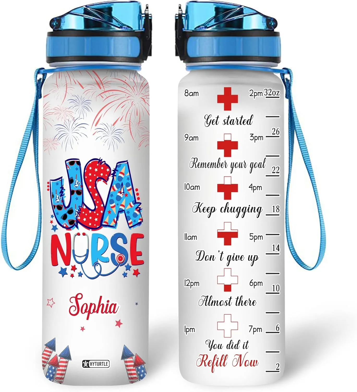 Hyturtle Personalized USA Nurse Firework Stethoscope 32oz Liter Motivational Water Bottle, Customized Name With Time Marker, Gifts For Women Nurse Coworker On Nurse's Day Independence Day 4th Of July