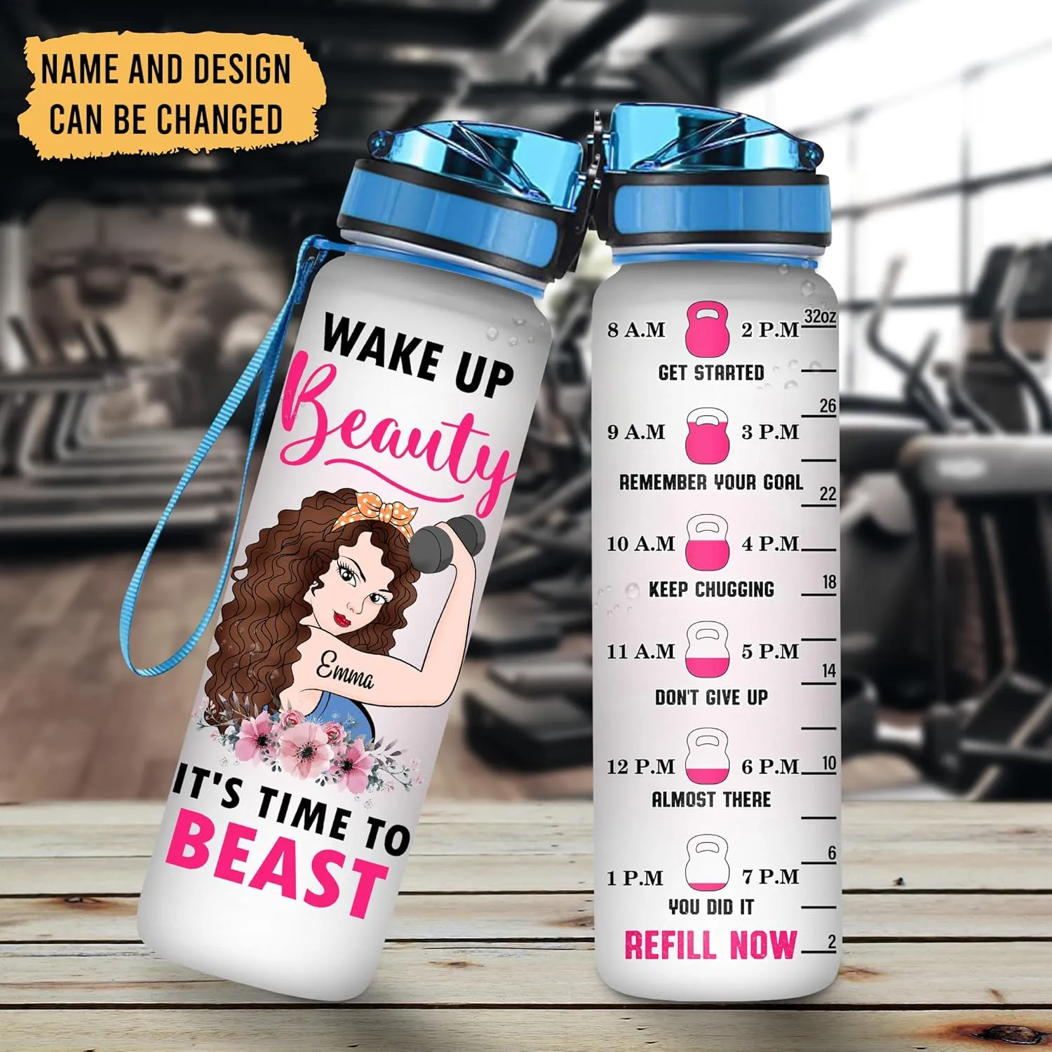 Hyturtle Personalized Wake Up Beauty It's Time To Beast Fitness 32Oz 1Liter Motivational Water Bottle, Customized Name With Time Marker Gifts For Women, For Gym Lovers On Birthday, Anniversary