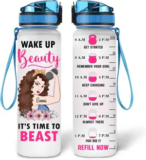 Hyturtle Personalized Wake Up Beauty It's Time To Beast Fitness 32Oz 1Liter Motivational Water Bottle, Customized Name With Time Marker Gifts For Women, For Gym Lovers On Birthday, Anniversary
