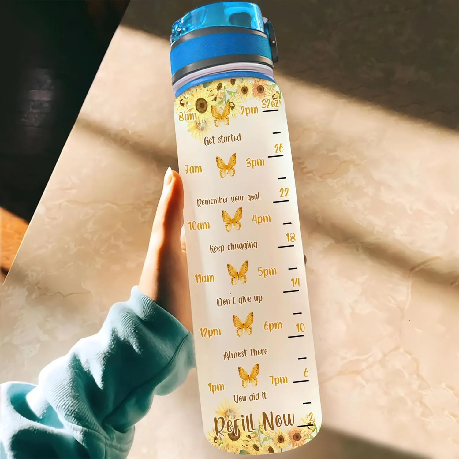Hyturtle Personalized You Are My Sunshine Sunflower Butterfly 32oz Liter Motivational Water Bottle, Customized Name Tracking Water Bottle Gifts For Women Butterfly Lover Sunflower Lover On Birthday