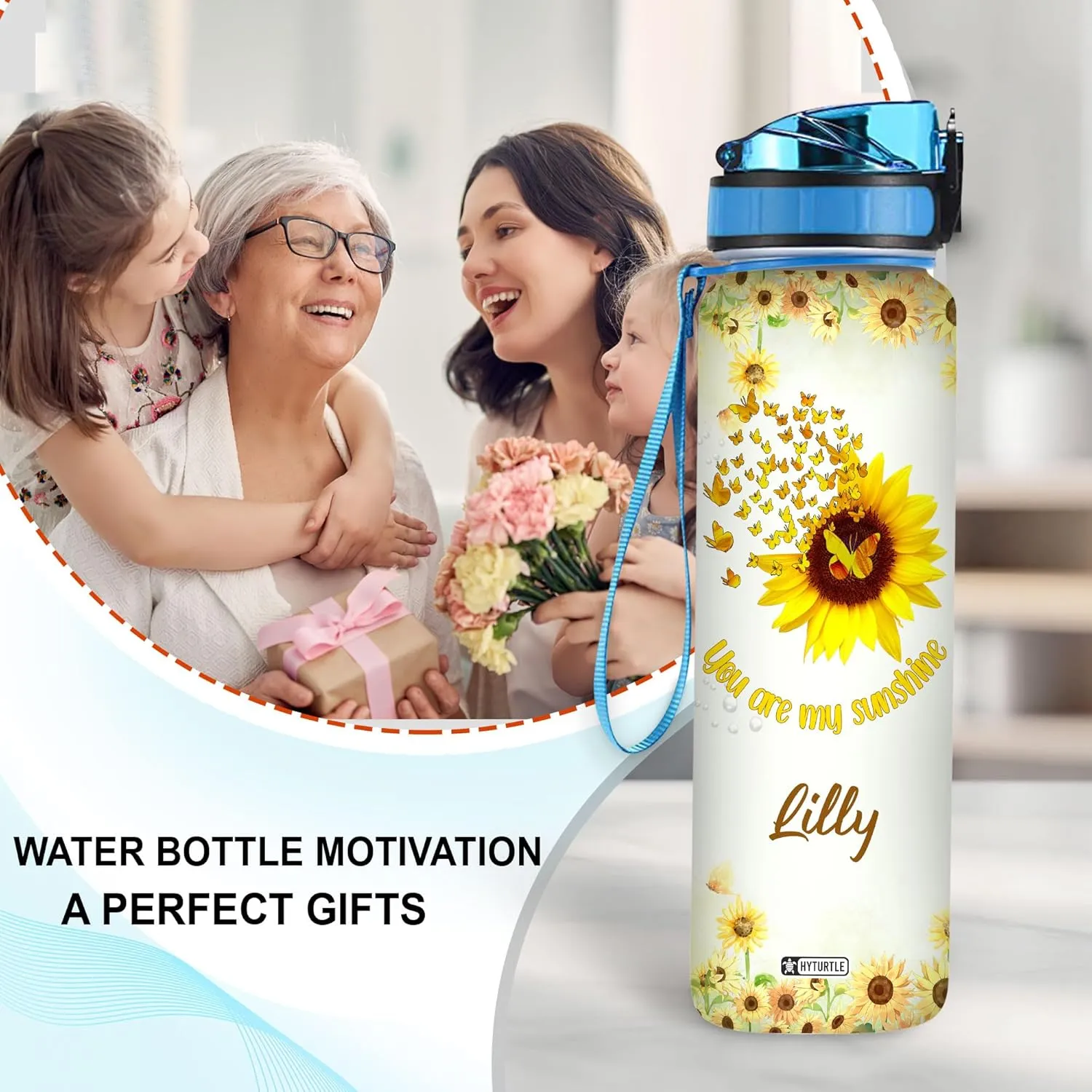 Hyturtle Personalized You Are My Sunshine Sunflower Butterfly 32oz Liter Motivational Water Bottle, Customized Name Tracking Water Bottle Gifts For Women Butterfly Lover Sunflower Lover On Birthday