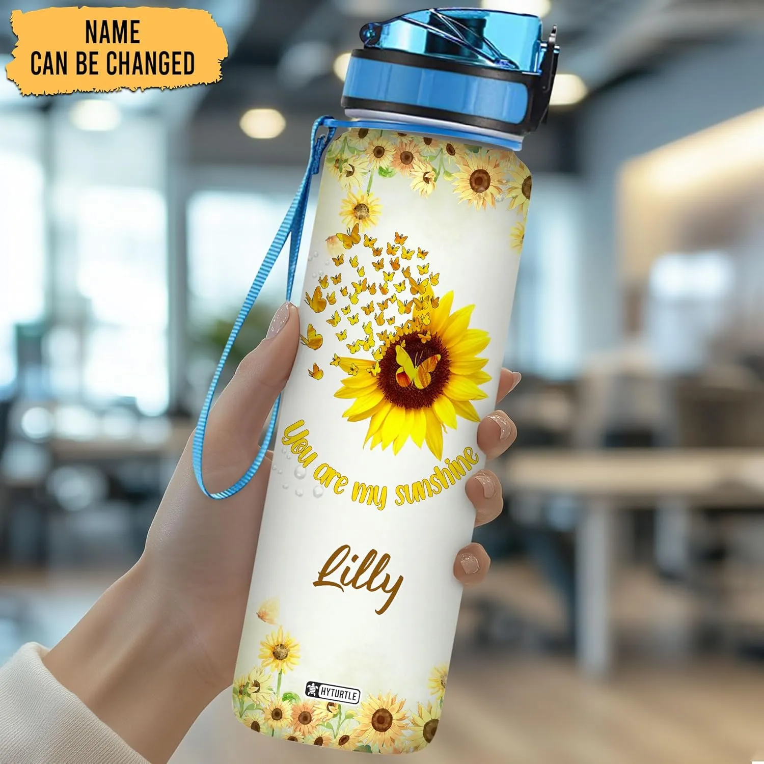 Hyturtle Personalized You Are My Sunshine Sunflower Butterfly 32oz Liter Motivational Water Bottle, Customized Name Tracking Water Bottle Gifts For Women Butterfly Lover Sunflower Lover On Birthday