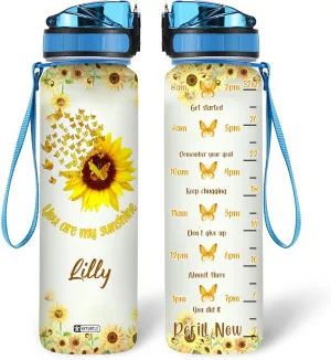Hyturtle Personalized You Are My Sunshine Sunflower Butterfly 32oz Liter Motivational Water Bottle, Customized Name Tracking Water Bottle Gifts For Women Butterfly Lover Sunflower Lover On Birthday