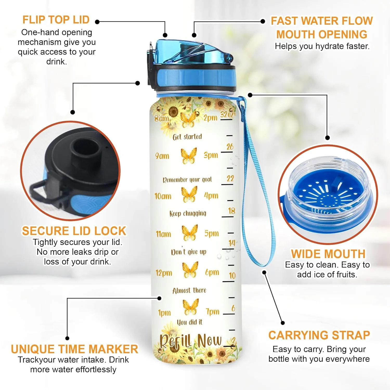 Hyturtle Personalized You Are My Sunshine Sunflower Butterfly 32oz Liter Motivational Water Bottle, Customized Name Tracking Water Bottle Gifts For Women Butterfly Lover Sunflower Lover On Birthday