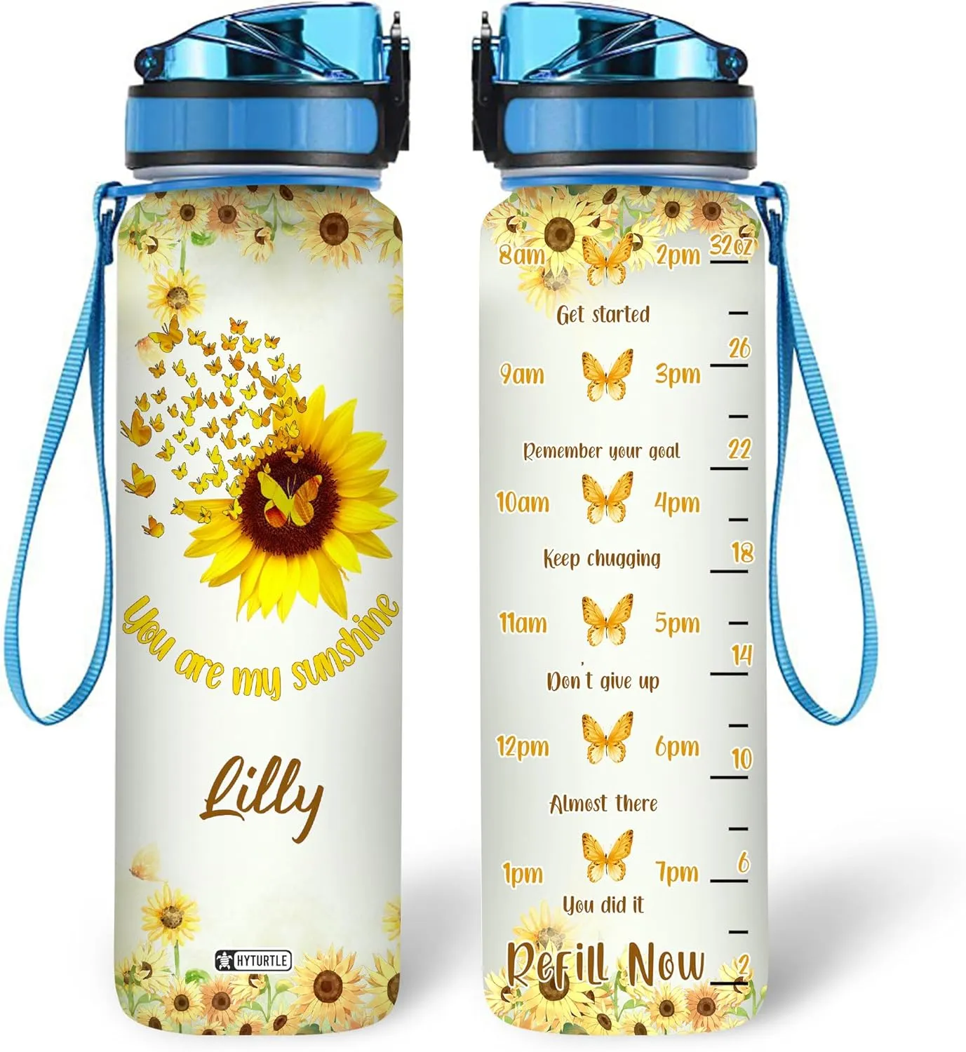 Hyturtle Personalized You Are My Sunshine Sunflower Butterfly 32oz Liter Motivational Water Bottle, Customized Name Tracking Water Bottle Gifts For Women Butterfly Lover Sunflower Lover On Birthday