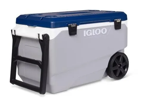Igloo Maxcold Roller Cooler 90 Qt, with folding handle wheels in ash gray and blue, easy to transport - 450603