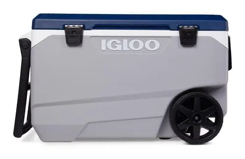 Igloo Maxcold Roller Cooler 90 Qt, with folding handle wheels in ash gray and blue, easy to transport - 450603