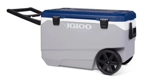 Igloo Maxcold Roller Cooler 90 Qt, with folding handle wheels in ash gray and blue, easy to transport - 450603