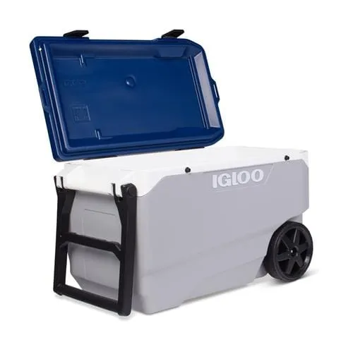 Igloo Maxcold Roller Cooler 90 Qt, with folding handle wheels in ash gray and blue, easy to transport - 450603
