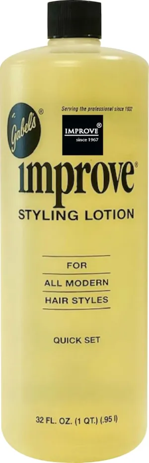 Improve Gabel’s Styling Lotion/Hair Spray (32oz) Quick Set (Yellow-Light Hold) Manufacturer Direct has logo in black label on the bottle