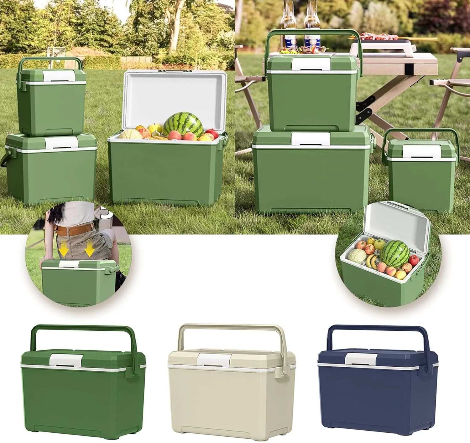 Insulated Portable Camping Coolers, Ice Retention Hard Cooler with Handle, Small Ice Chest Hard Food Storage for Beach, Camping, Sports
