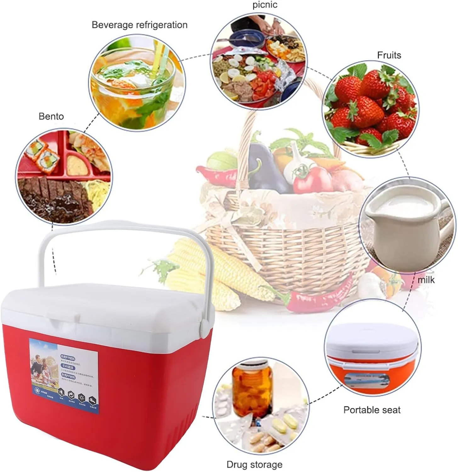 Insulated Portable Cooler Box 13L Leakproof Outdoor Cooler with Carry Handle for Picnics Grill Camping Fishing