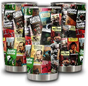 Insulated Tumbler Hercule Vintage Agatha Christie Book Covers Collage Literary Stainless Steel Coffee Cup 20 Oz Vacuum Tumblers Travel Mug, White, 20, 30oz