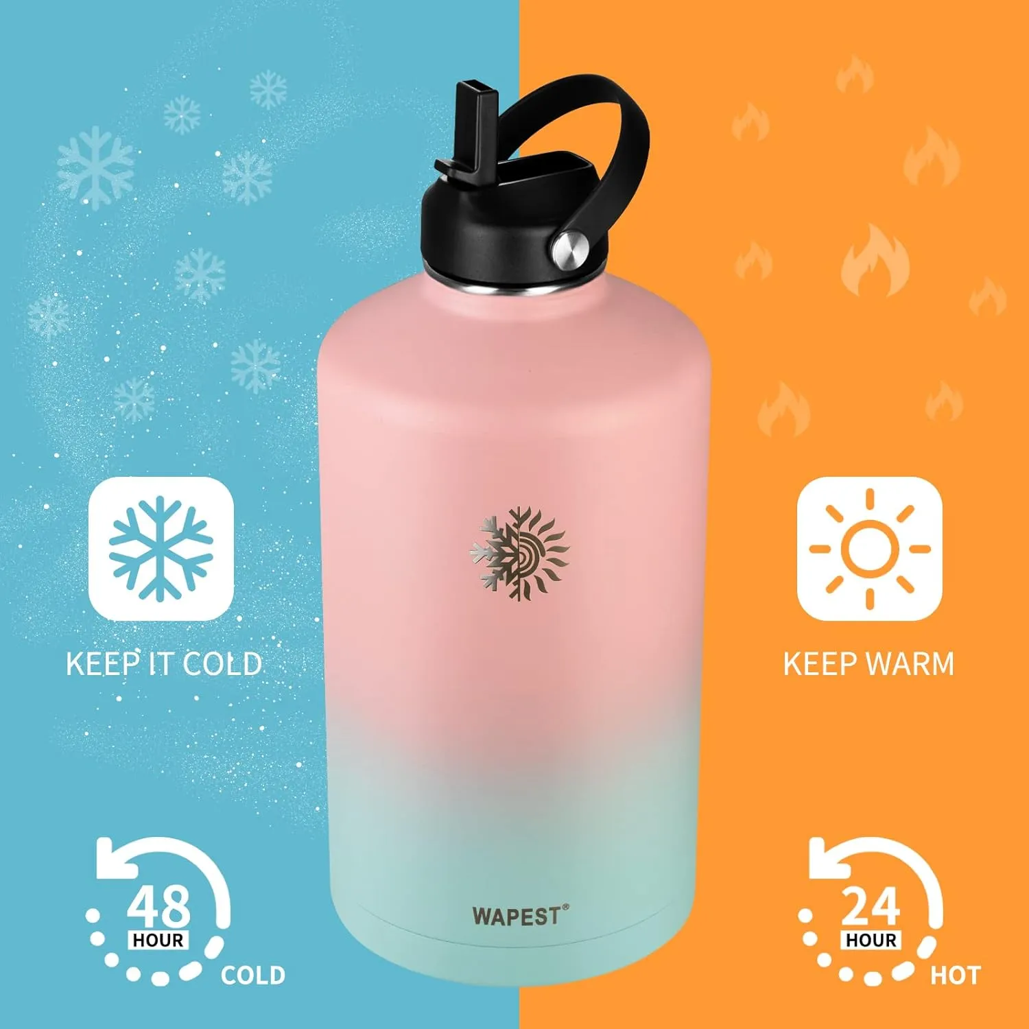 Insulated Water Bottle 64 oz with Paracord Handle & Bottle Brush, Double Wall Vacuum Stainless Steel Water Flask Jug Metal Canteen with 2 Lids and Carrying Pouch, Leakproof, Peach Pink&Blue