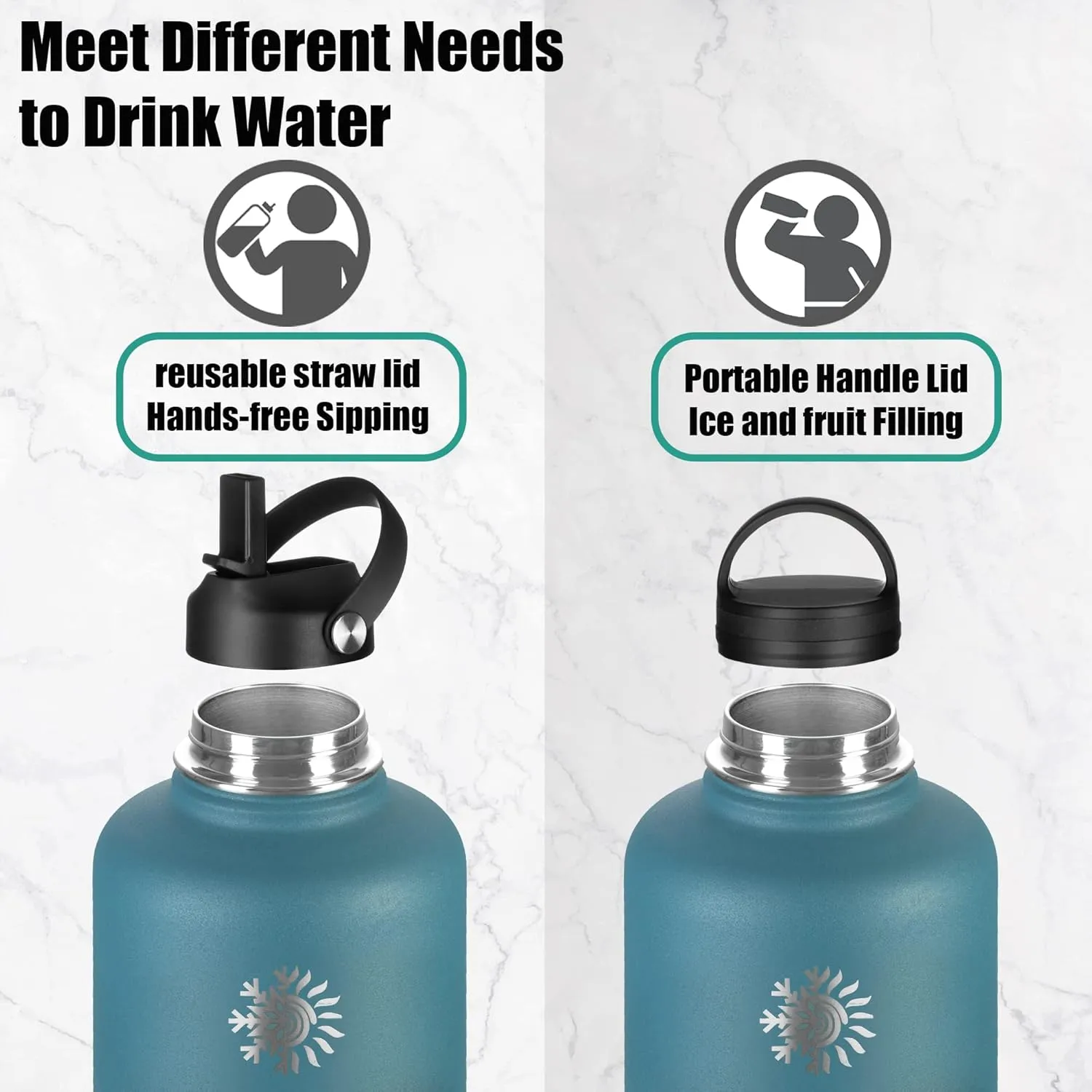 Insulated Water Bottle 64 oz with Paracord Handle & Bottle Brush, Double Wall Vacuum Stainless Steel Water Flask Jug Metal Canteen with 2 Lids and Carrying Pouch, Leakproof, Peach Pink&Blue