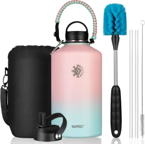 Insulated Water Bottle 64 oz with Paracord Handle & Bottle Brush, Double Wall Vacuum Stainless Steel Water Flask Jug Metal Canteen with 2 Lids and Carrying Pouch, Leakproof, Peach Pink&Blue