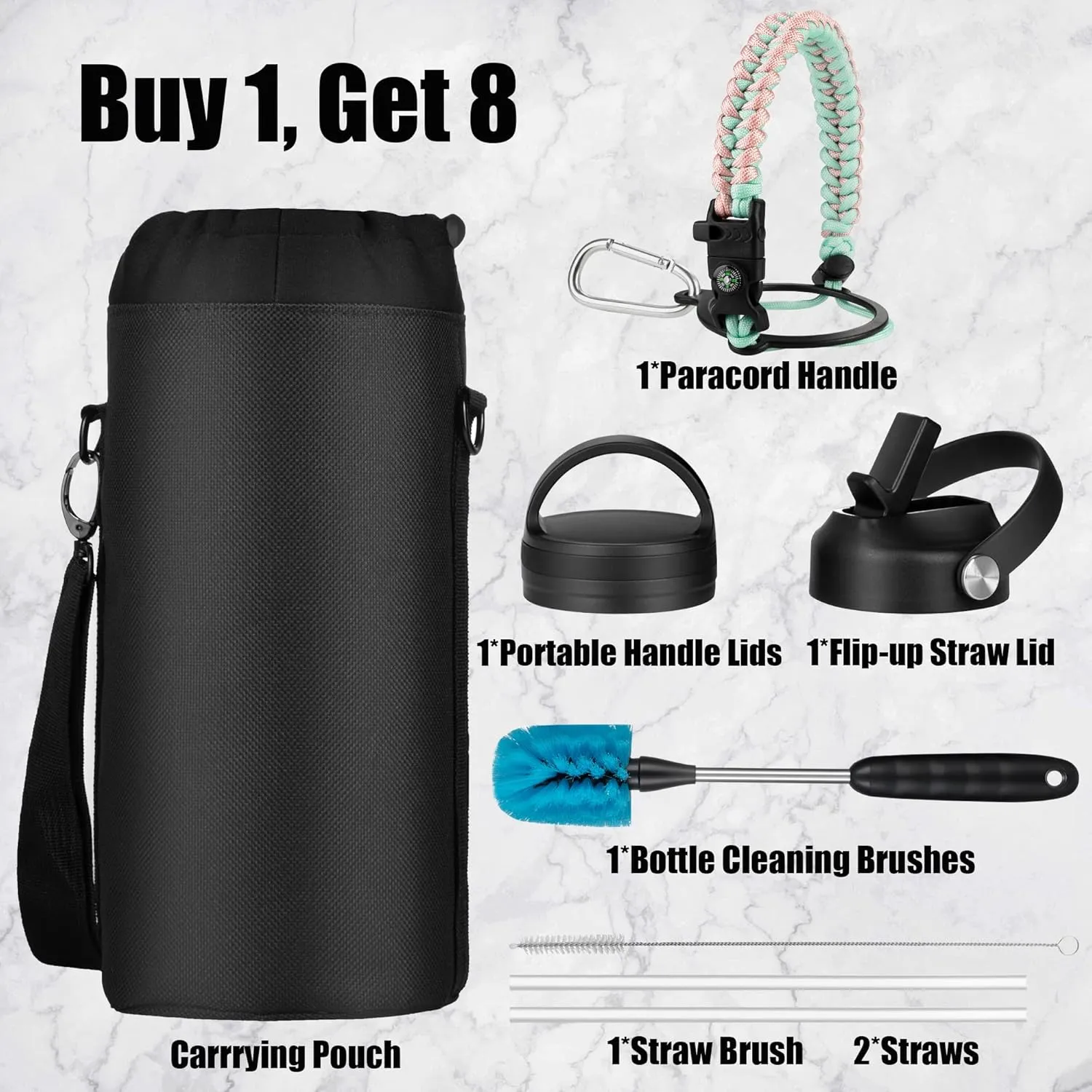 Insulated Water Bottle 64 oz with Paracord Handle & Bottle Brush, Double Wall Vacuum Stainless Steel Water Flask Jug Metal Canteen with 2 Lids and Carrying Pouch, Leakproof, Peach Pink&Blue