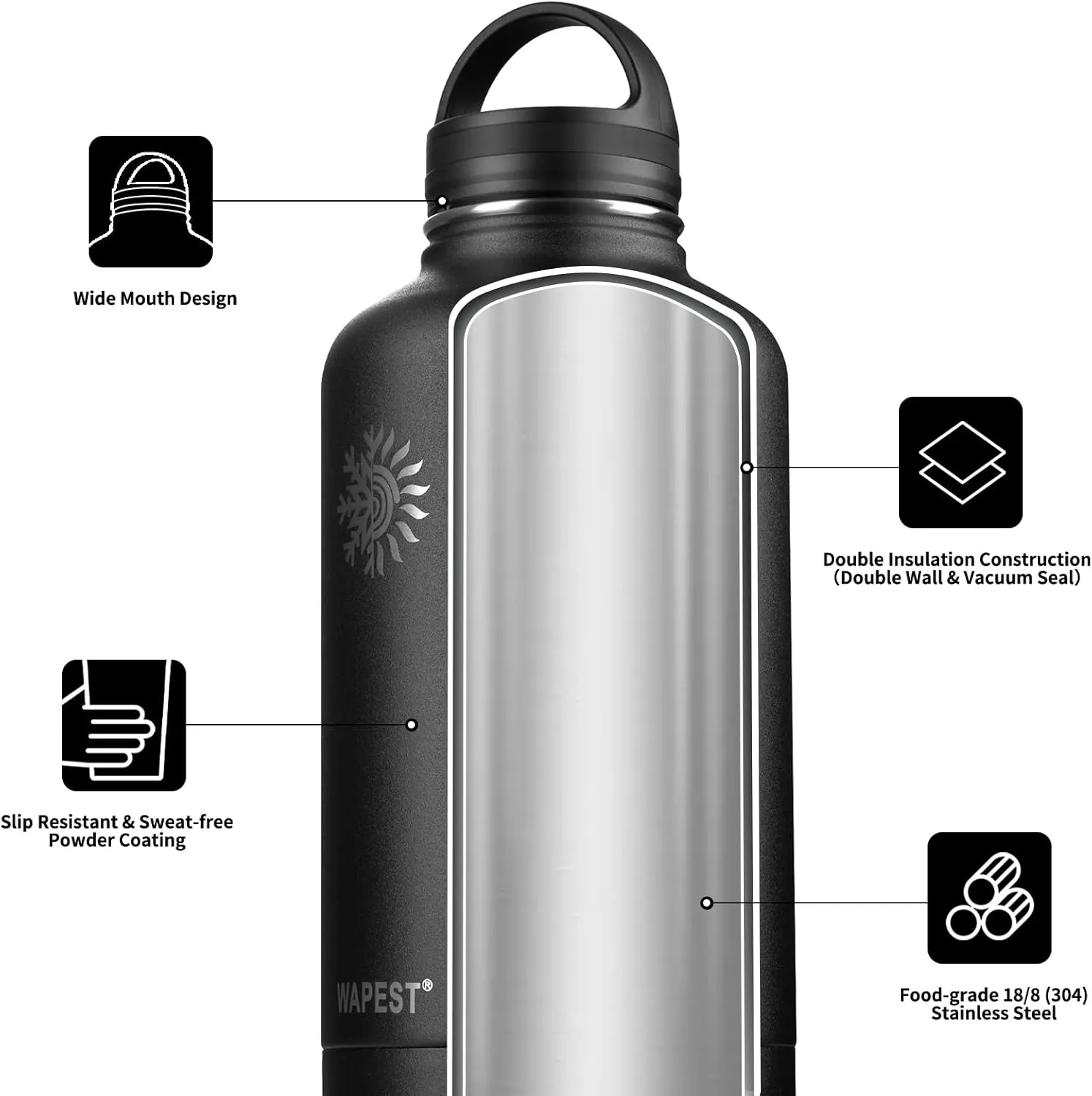 Insulated Water Bottle 64 oz with Paracord Handle & Bottle Brush, Double Wall Vacuum Stainless Steel Water Flask Jug Metal Canteen with 2 Lids and Carrying Pouch, Leakproof, Peach Pink&Blue