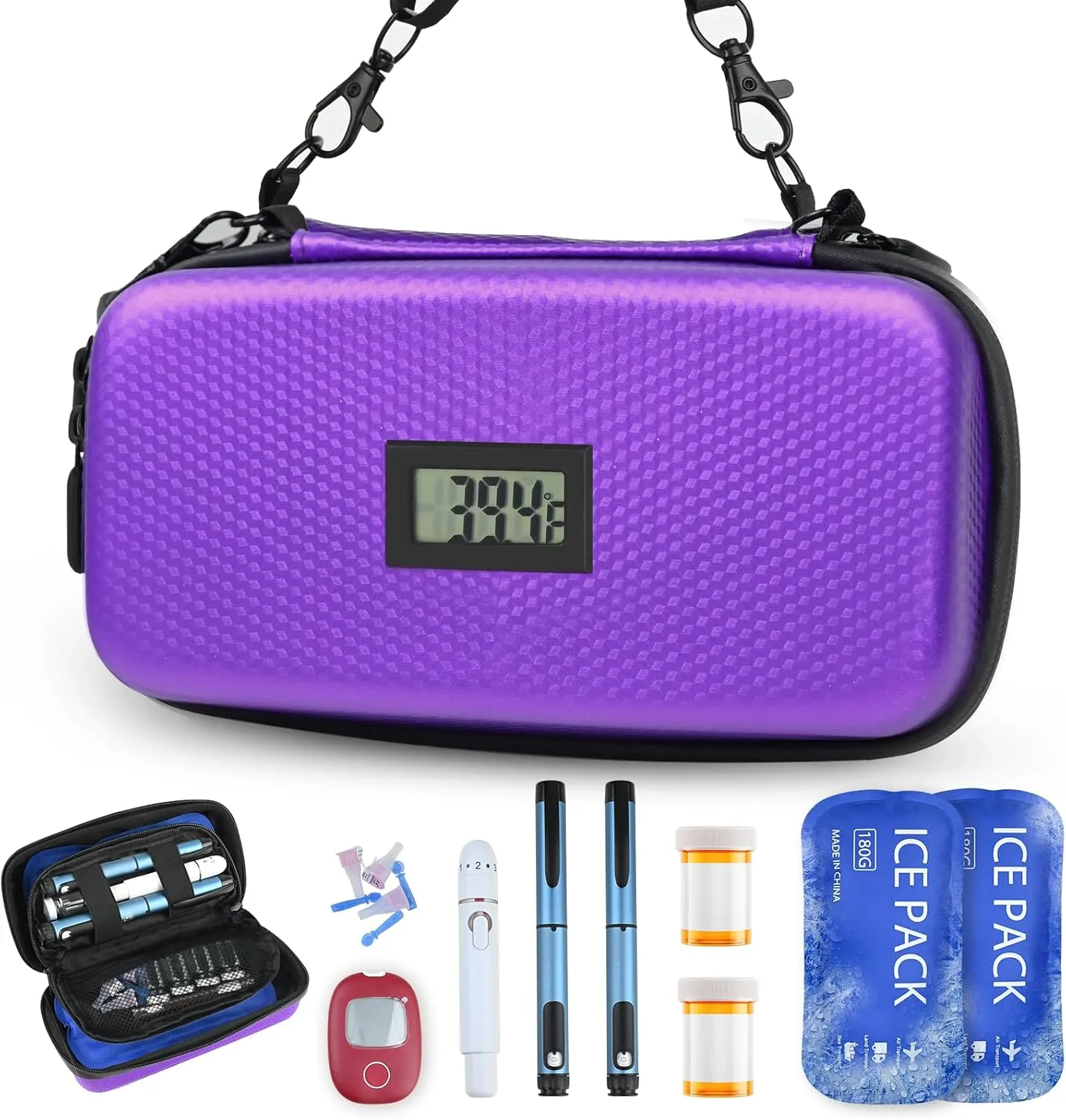 Insulin Cooler Travel Case TSA Approved, Portable Diabetes Travel Case with Digital Thermometer & 2 Ice Packs, Refrigerated Medicine Cooling Bag for Insulin Pens, Vials (Purple)