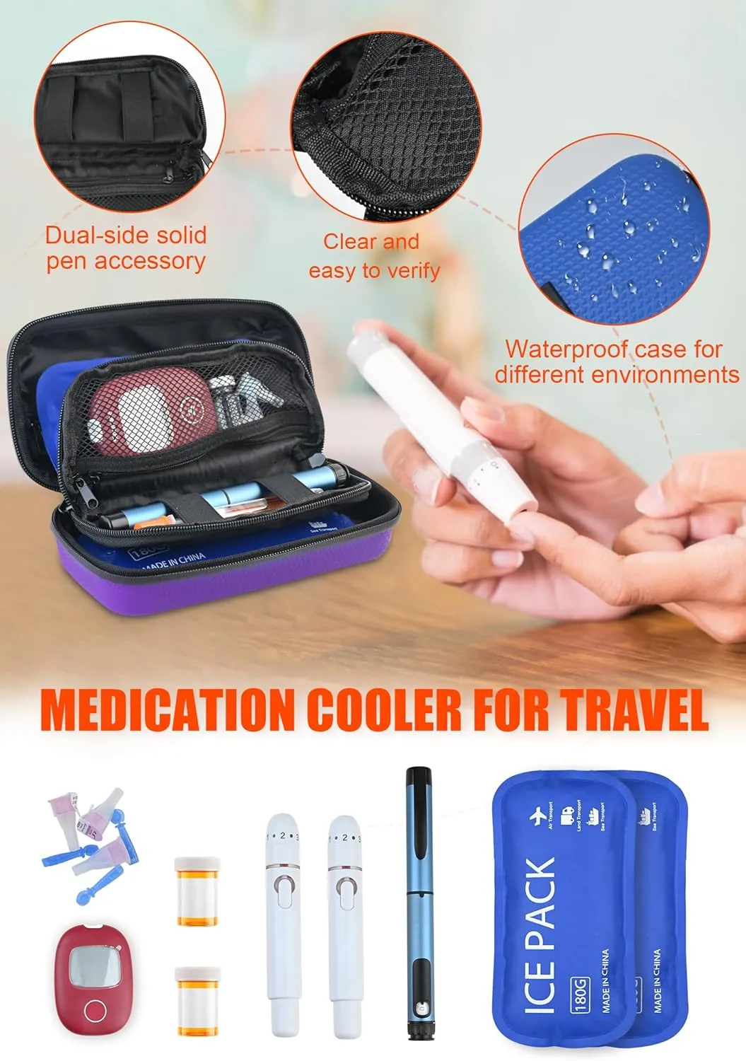 Insulin Cooler Travel Case TSA Approved, Portable Diabetes Travel Case with Digital Thermometer & 2 Ice Packs, Refrigerated Medicine Cooling Bag for Insulin Pens, Vials (Purple)