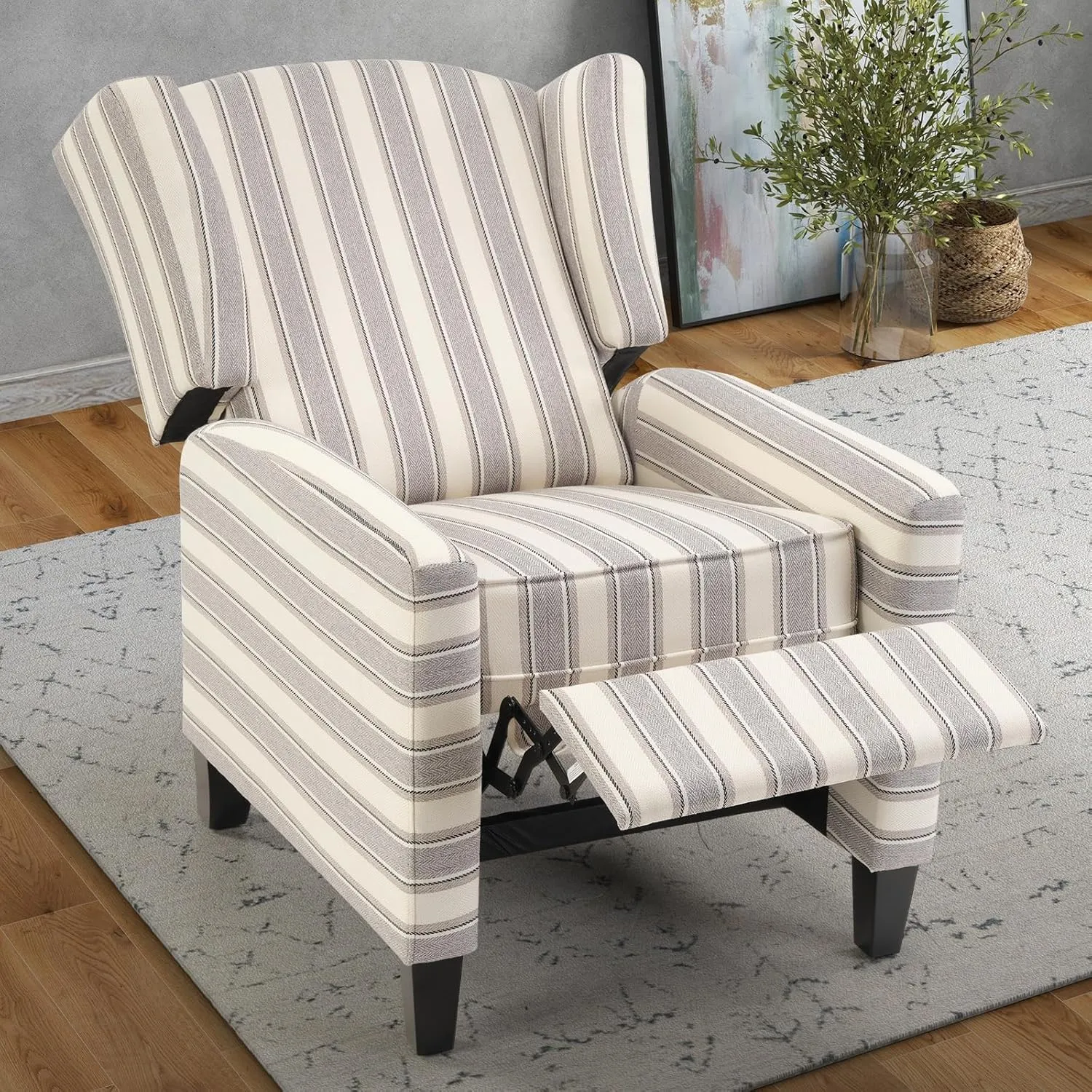 INZOY Wingback Pushback Recliner Chair, Fabric Push Back Recliners with Padded Seat, Mid Century Modern Reclining Chair for Living Room Bedroom, Grey Stripe
