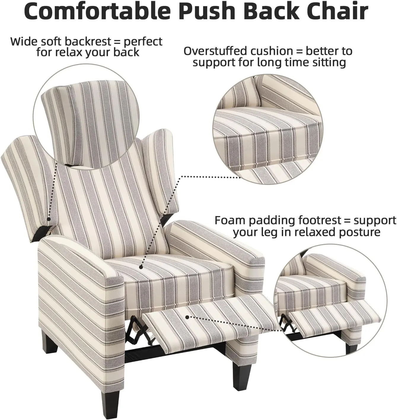 INZOY Wingback Pushback Recliner Chair, Fabric Push Back Recliners with Padded Seat, Mid Century Modern Reclining Chair for Living Room Bedroom, Grey Stripe