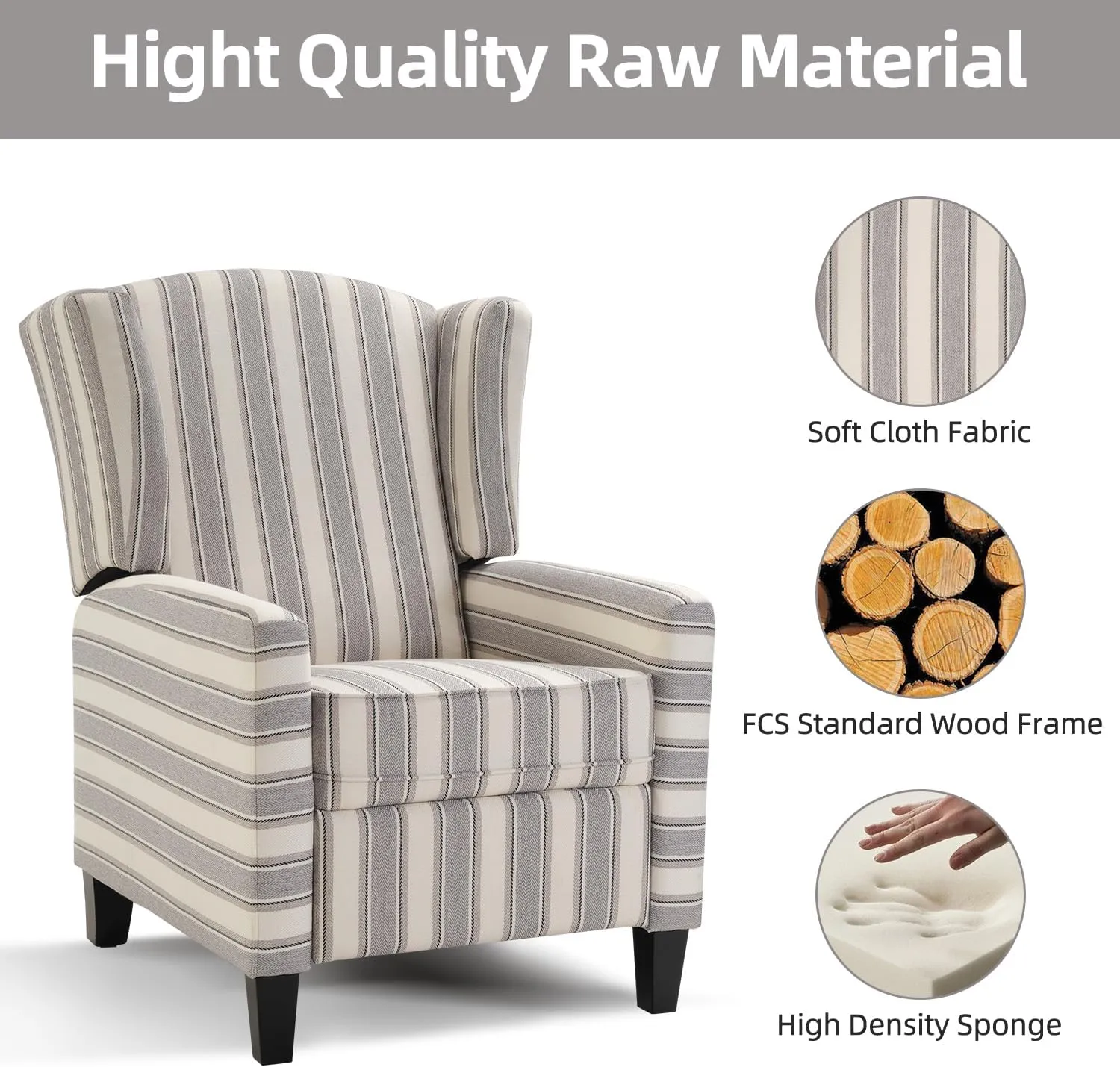 INZOY Wingback Pushback Recliner Chair, Fabric Push Back Recliners with Padded Seat, Mid Century Modern Reclining Chair for Living Room Bedroom, Grey Stripe