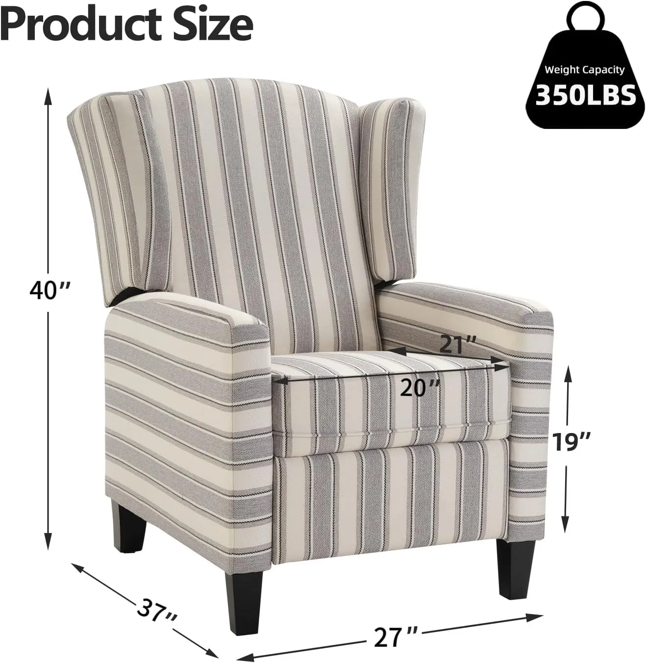 INZOY Wingback Pushback Recliner Chair, Fabric Push Back Recliners with Padded Seat, Mid Century Modern Reclining Chair for Living Room Bedroom, Grey Stripe