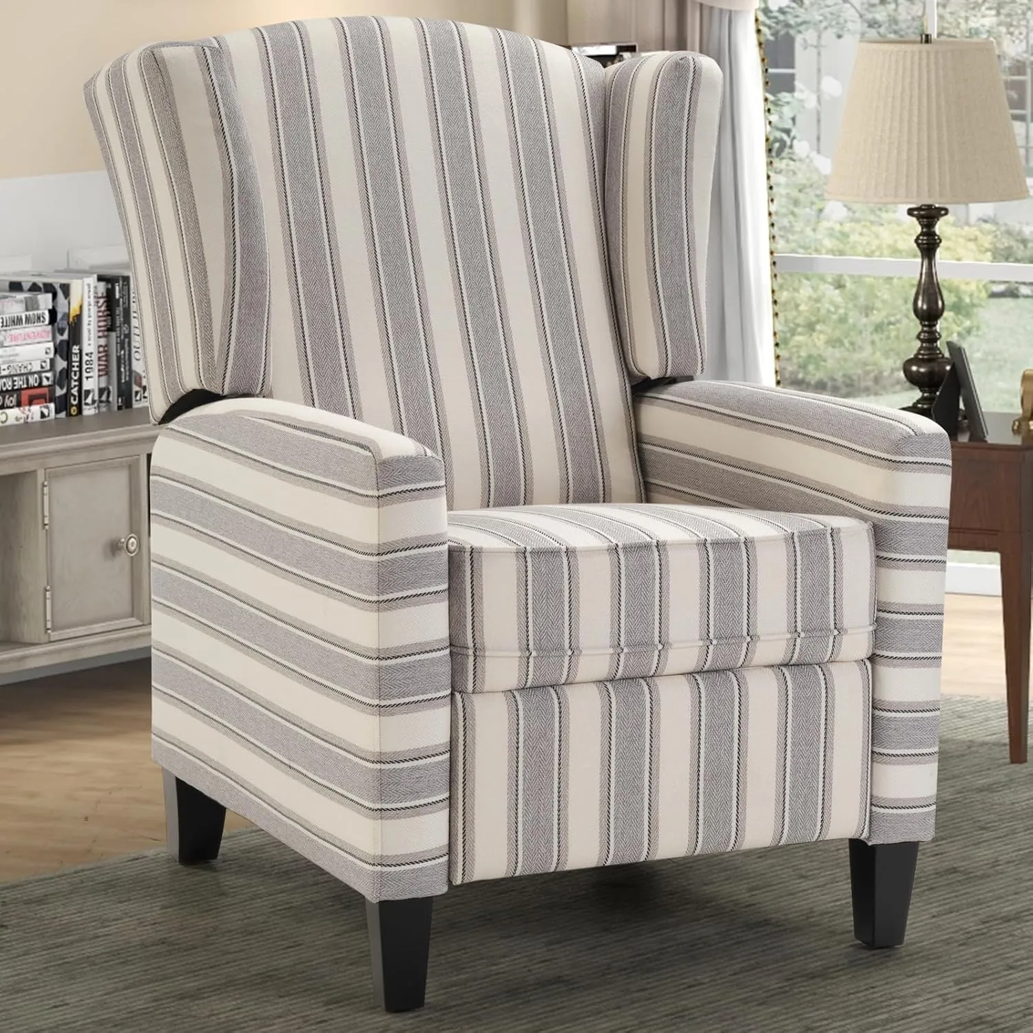 INZOY Wingback Pushback Recliner Chair, Fabric Push Back Recliners with Padded Seat, Mid Century Modern Reclining Chair for Living Room Bedroom, Grey Stripe