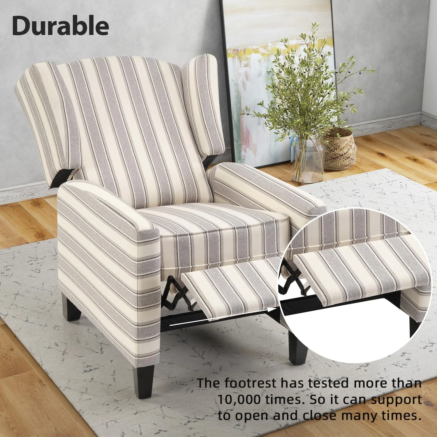INZOY Wingback Pushback Recliner Chair, Fabric Push Back Recliners with Padded Seat, Mid Century Modern Reclining Chair for Living Room Bedroom, Grey Stripe