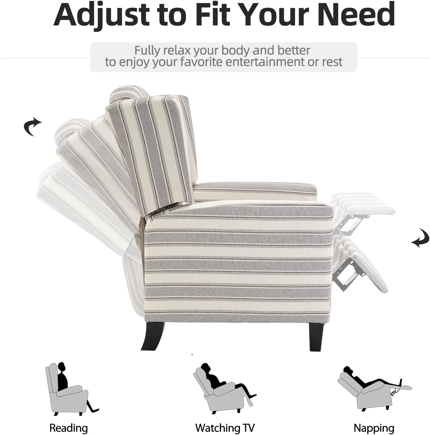 INZOY Wingback Pushback Recliner Chair, Fabric Push Back Recliners with Padded Seat, Mid Century Modern Reclining Chair for Living Room Bedroom, Grey Stripe
