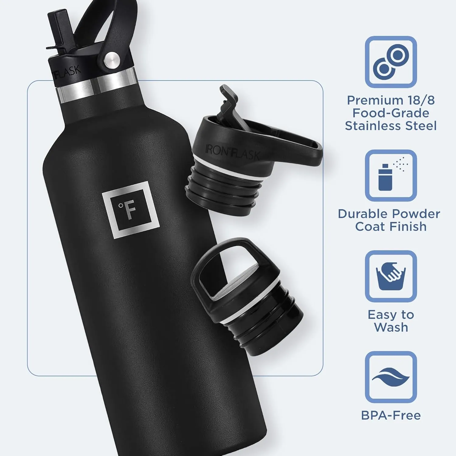 IRON °FLASK Camping & Hiking Hydration Canteens - 3 Lids (Narrow Straw Lid) Leak Proof Vacuum Insulated Stainless Steel - Hot & Cold Double Walled Sports Water Bottle - Graphite, 32 Oz