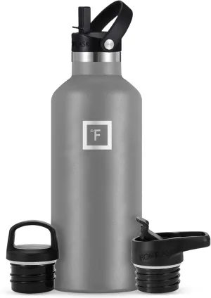 IRON °FLASK Camping & Hiking Hydration Canteens - 3 Lids (Narrow Straw Lid) Leak Proof Vacuum Insulated Stainless Steel - Hot & Cold Double Walled Sports Water Bottle - Graphite, 32 Oz