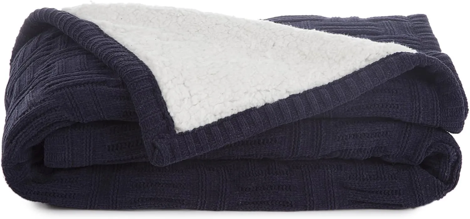 IZOD 1B07494 Solid Basket Weave with Sherpa Reverse Warm Soft Cozy 50 x 60 inch Throw for Sofa, Navy