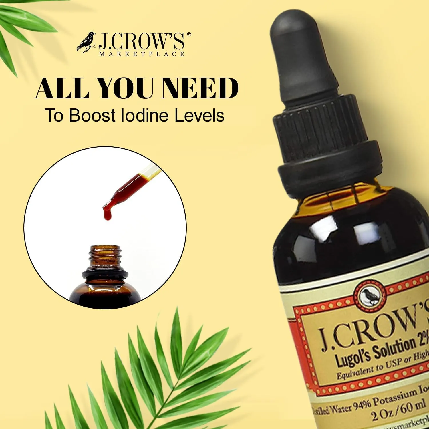 J.CROW'S® Lugol's Solution of Iodine 2% 2 oz (1 Bottle) – Premium Potassium Iodide Liquid, Supports Thyroid & Energy, Gluten &, Alcohol-Free Natural Brine Extract, No Expiration
