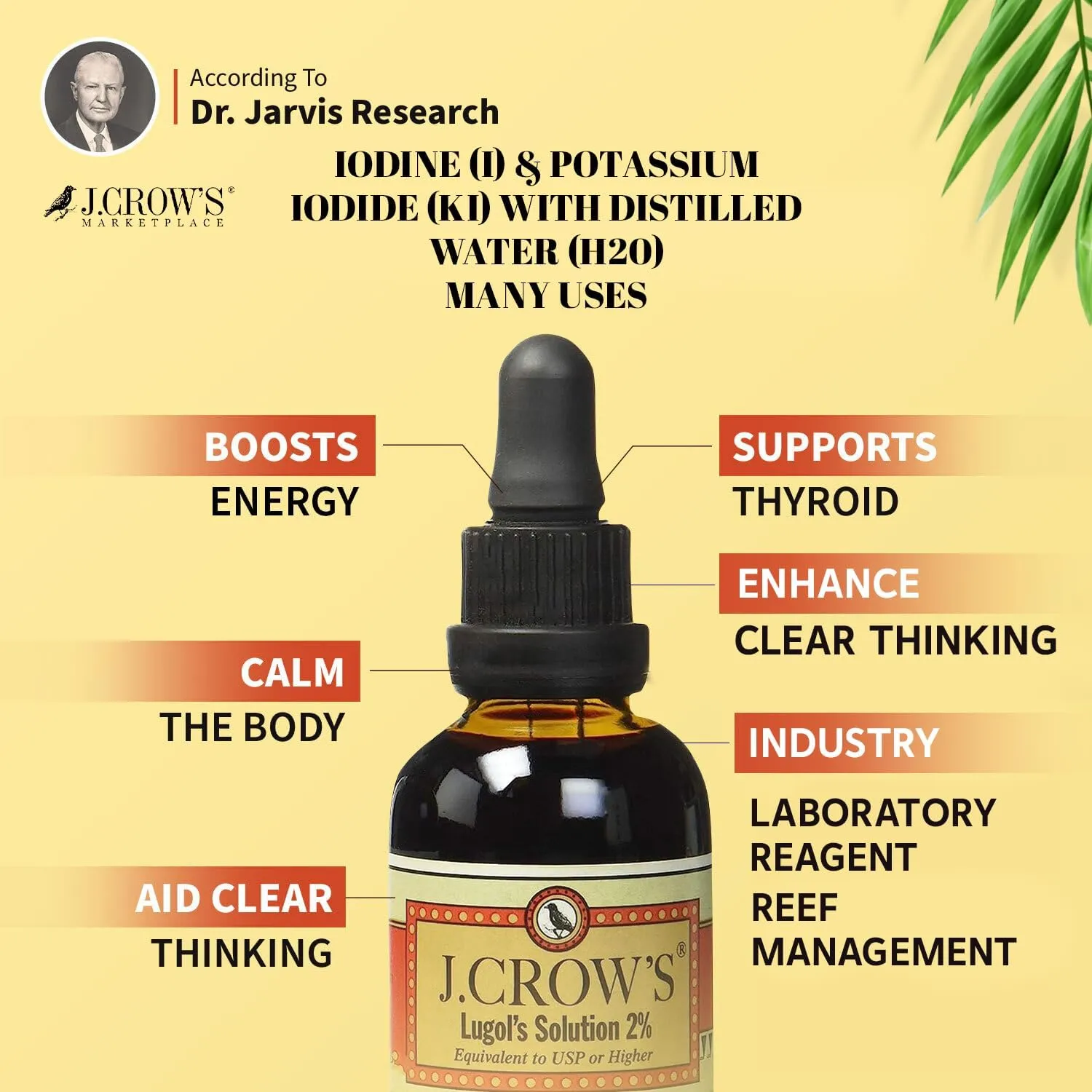 J.CROW'S® Lugol's Solution of Iodine 2% 2 oz (1 Bottle) – Premium Potassium Iodide Liquid, Supports Thyroid & Energy, Gluten &, Alcohol-Free Natural Brine Extract, No Expiration