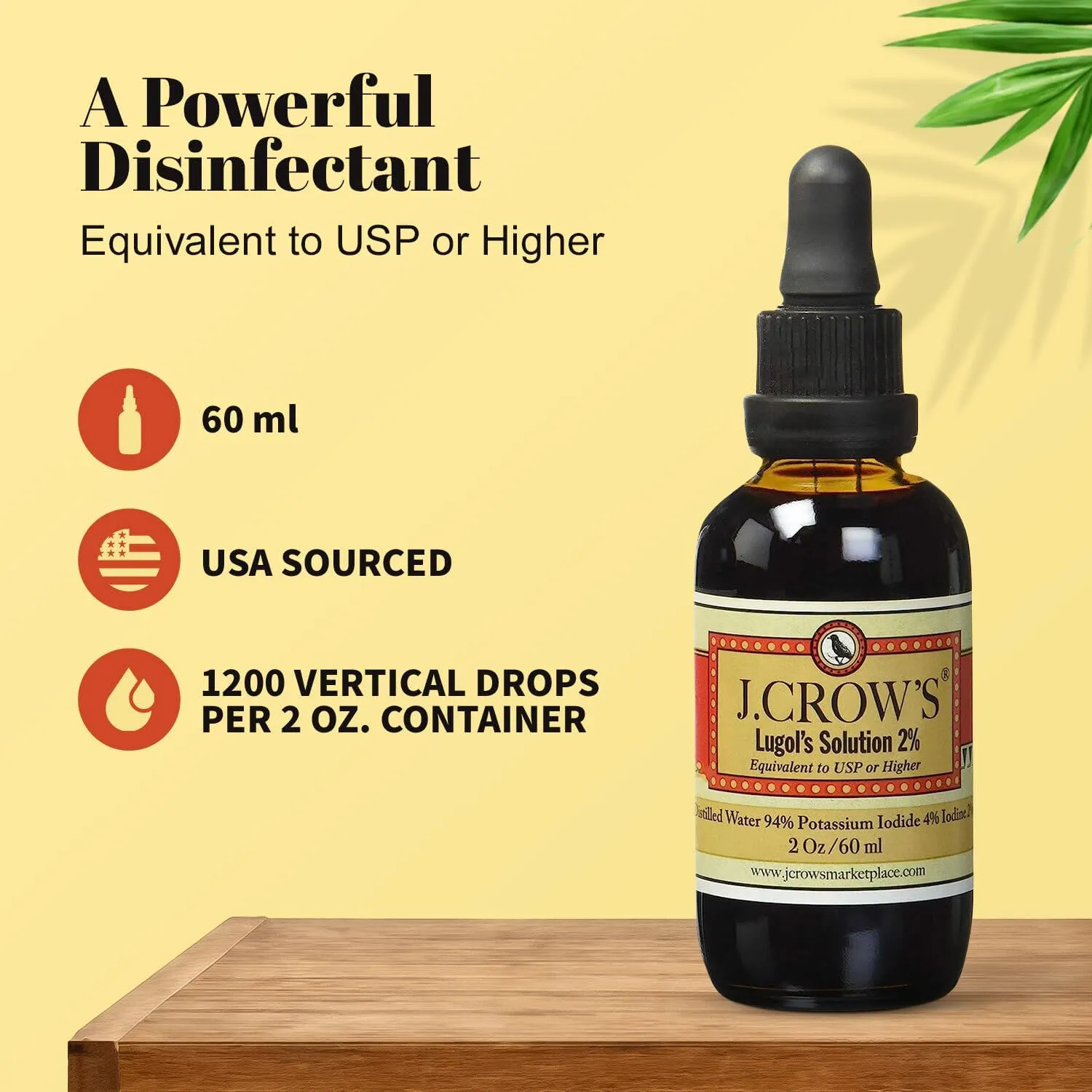 J.CROW'S® Lugol's Solution of Iodine 2% 2 oz (1 Bottle) – Premium Potassium Iodide Liquid, Supports Thyroid & Energy, Gluten &, Alcohol-Free Natural Brine Extract, No Expiration