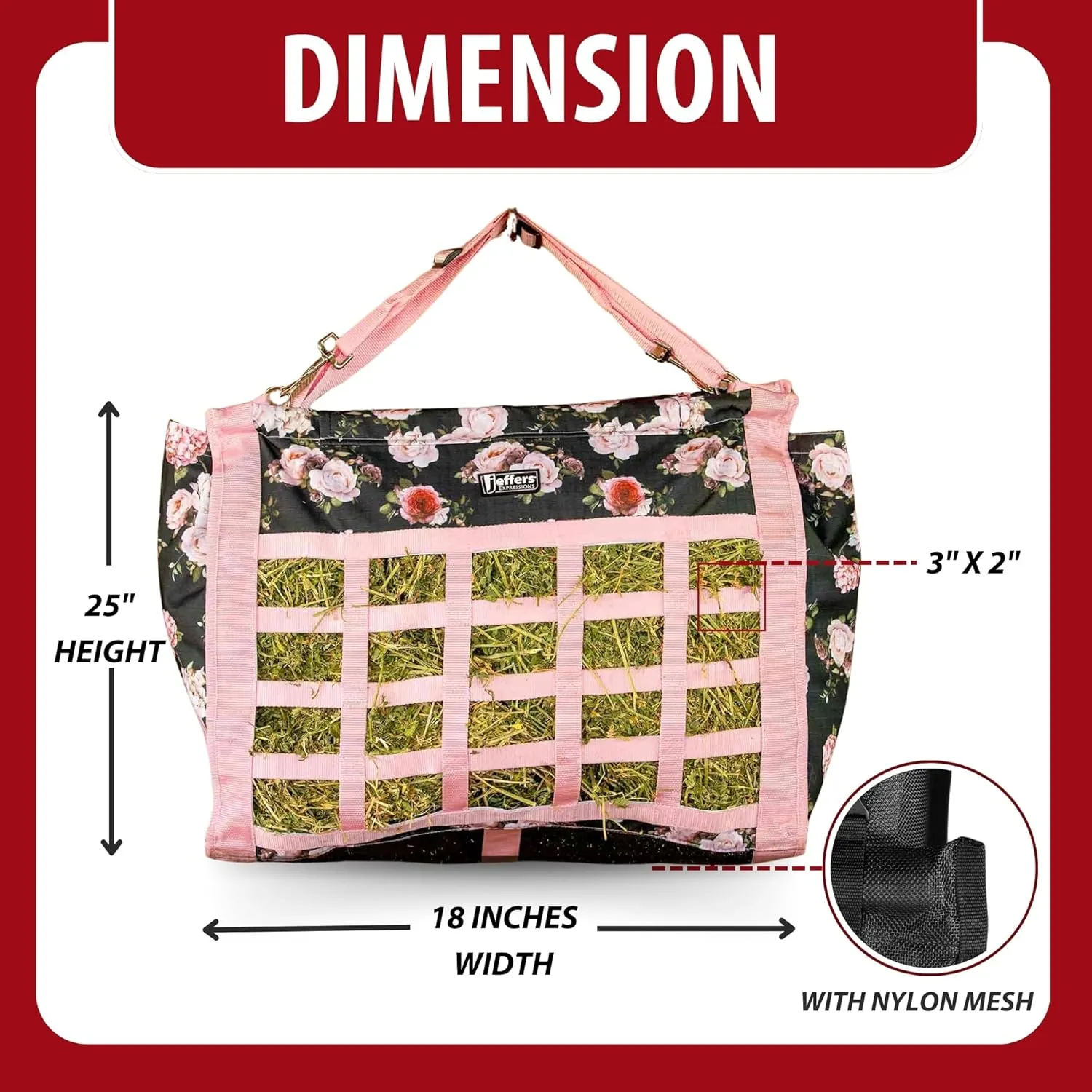 Jeffers Expression Extend Feed Hay Bag for Livestock – Durable 600D Waterproof Hay Feeder for Horse, Cattle, Goat, & Sheep, Top Loading Design w/Mesh Bottom, Farming Essentials, Rose Garden