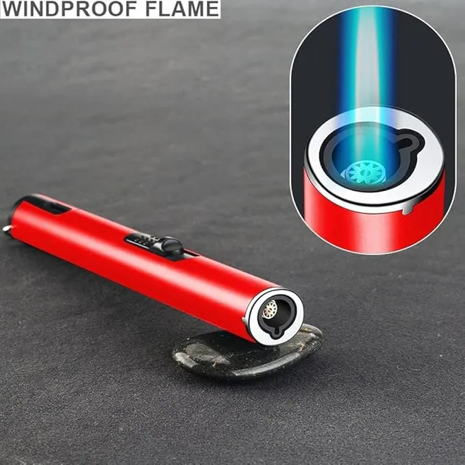 Jet Torch Lighter, Refillable Butane Lighter with Visible Window, Windproof Candle Lighter for BBQ, Camping, Stove, Kitchen Cooker, Hobs, Men Gifts (Gas Not Included) (Red)